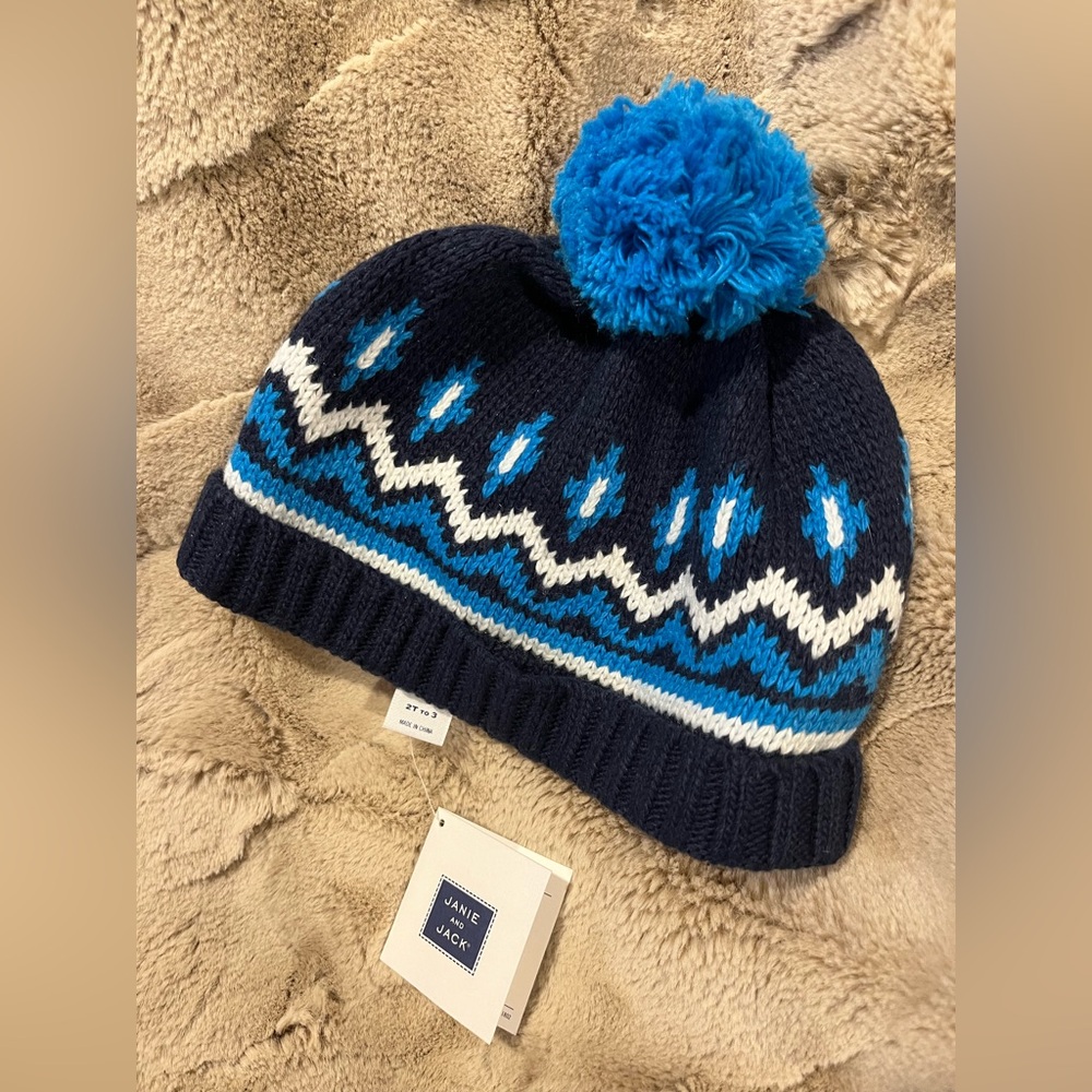 Janie & Jack Knit Winter Beanie Hat Cap Pom Pom Fair Isle Cotton Lined 2T 3T